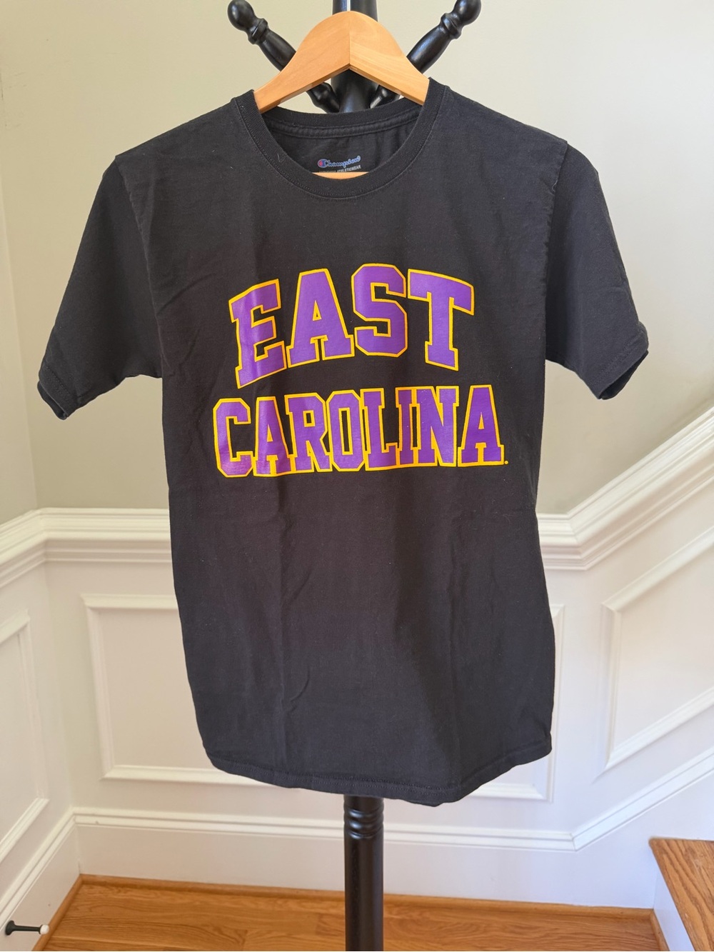 Champion East Carolina Black Tee with Purple and Gold Lettering